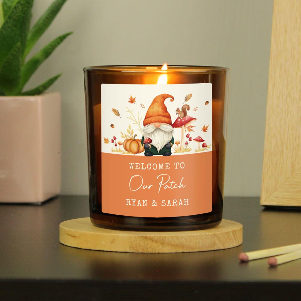 Personalised Autumn Gonk Amber Glass Candle Extra Image 2